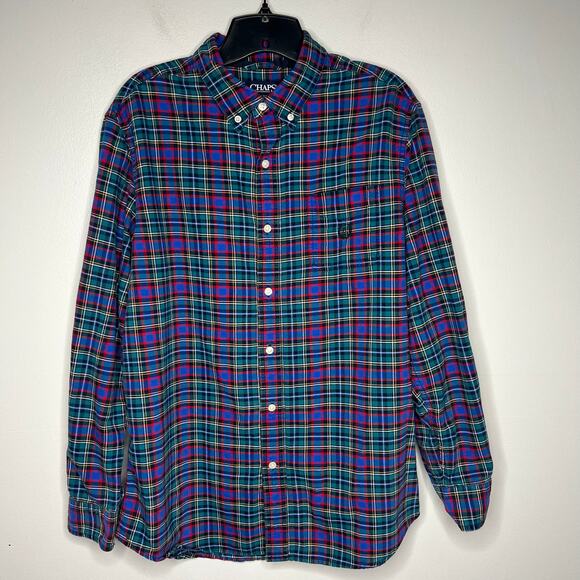 Chaps Classic Oxford Casual Button Down Shirt Men's L 100% Cotton Holiday Plaid